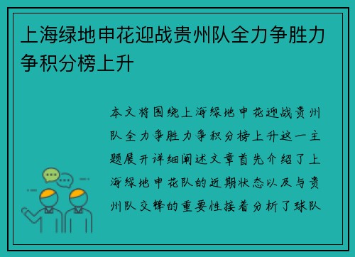 上海绿地申花迎战贵州队全力争胜力争积分榜上升